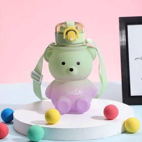 Cute Water Bottle 27oz With Strap Portable Leakproof BPA-free Kawaii Bear Straw Drink Bottles (Color: green)